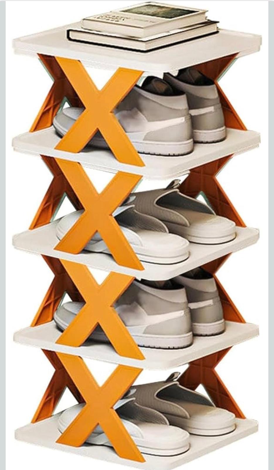 4 Tier Multi Purpose Shoe Rack Organiser - White with Orange X‑Frame Design