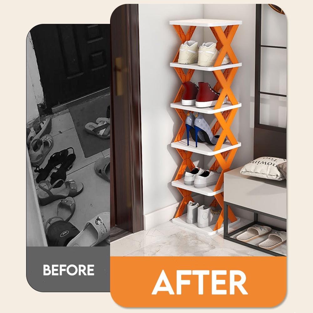 4 Tier Multi Purpose Shoe Rack Organiser - White with Orange X‑Frame Design - Image 6