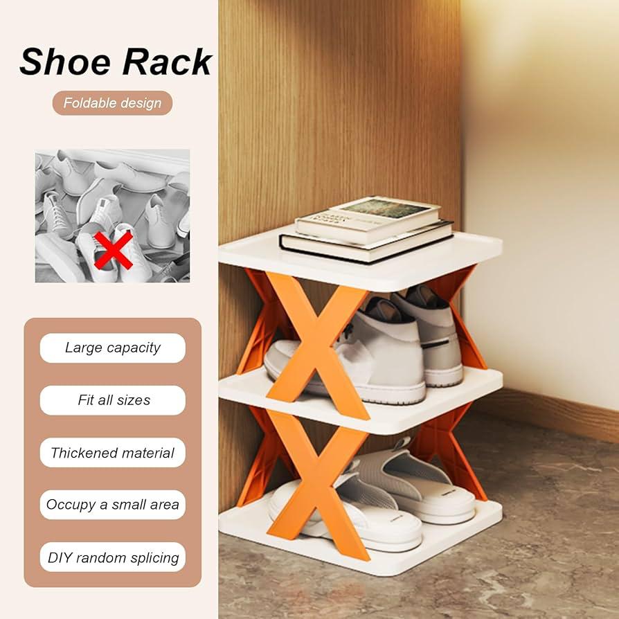 4 Tier Multi Purpose Shoe Rack Organiser - White with Orange X‑Frame Design - Image 3