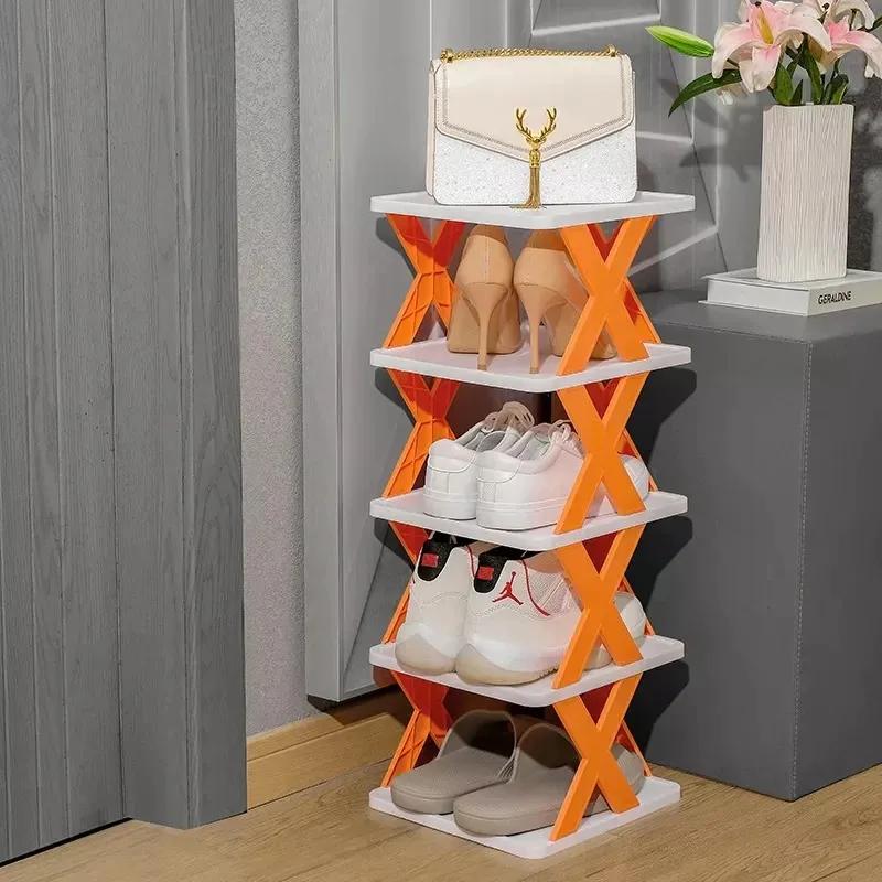 4 Tier Multi Purpose Shoe Rack Organiser - White with Orange X‑Frame Design - Image 2