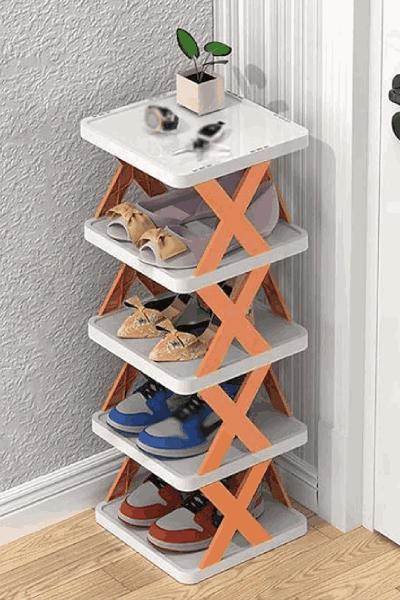 4 Tier Multi Purpose Shoe Rack Organiser - White with Orange X‑Frame Design - Image 19
