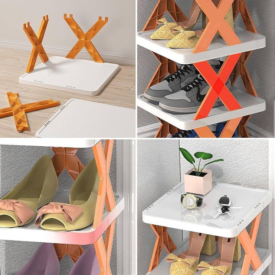 4 Tier Multi Purpose Shoe Rack Organiser - White with Orange X‑Frame Design - Image 9